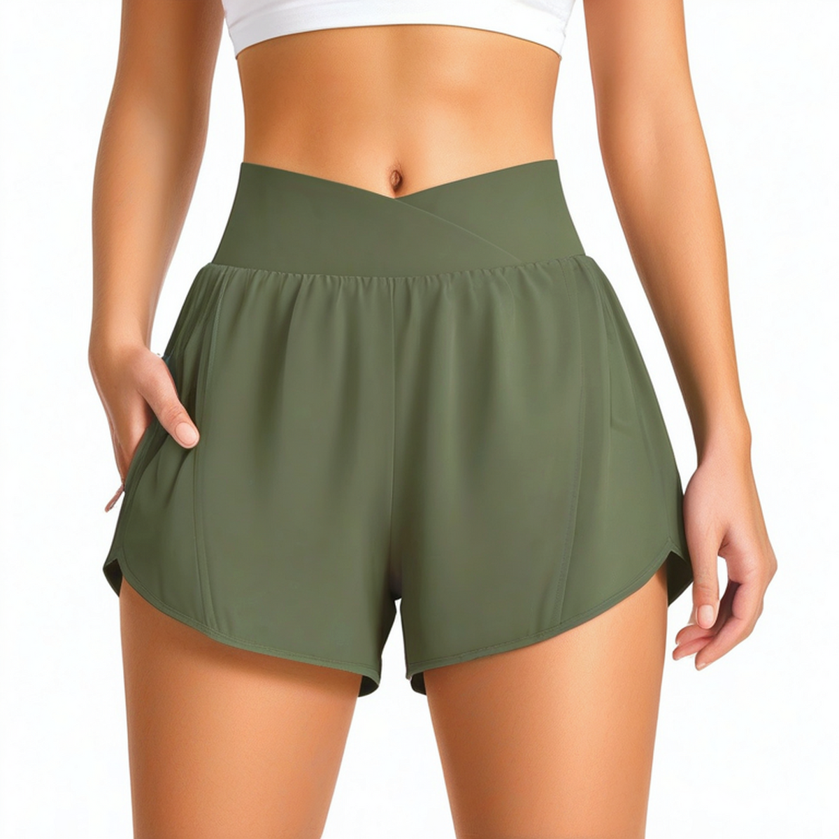 Damen Sportshorts L olivgrün mit hoher Taille und Reißverschlusstaschen