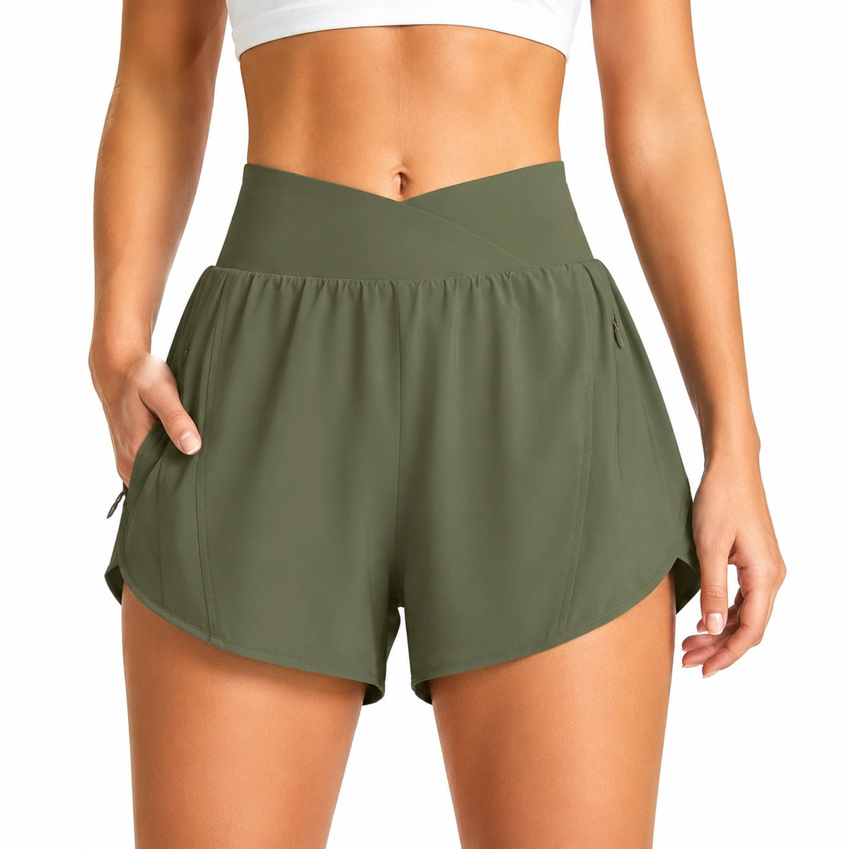 Damen Sportshorts L olivgrün mit hoher Taille und Reißverschlusstaschen