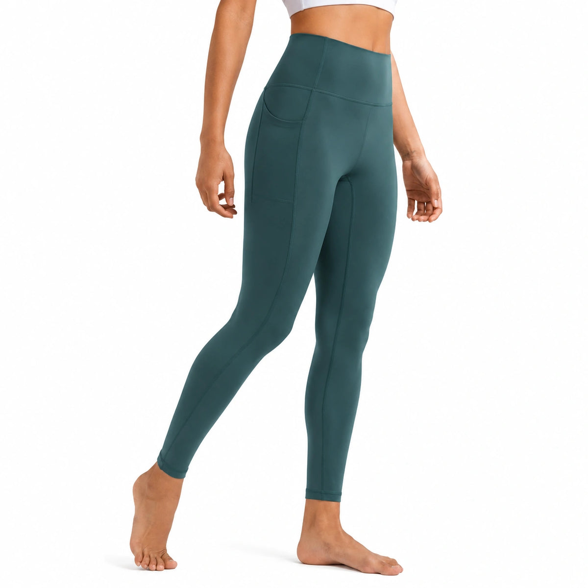 Damen Sportleggings Größe L aus elastischem Textilgewebe in Dunkelgrün mit hoher Taille und Seitentasche