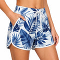 Damen Badeshorts Größe M Weiß Blau mit Blätterdruck und Taschen