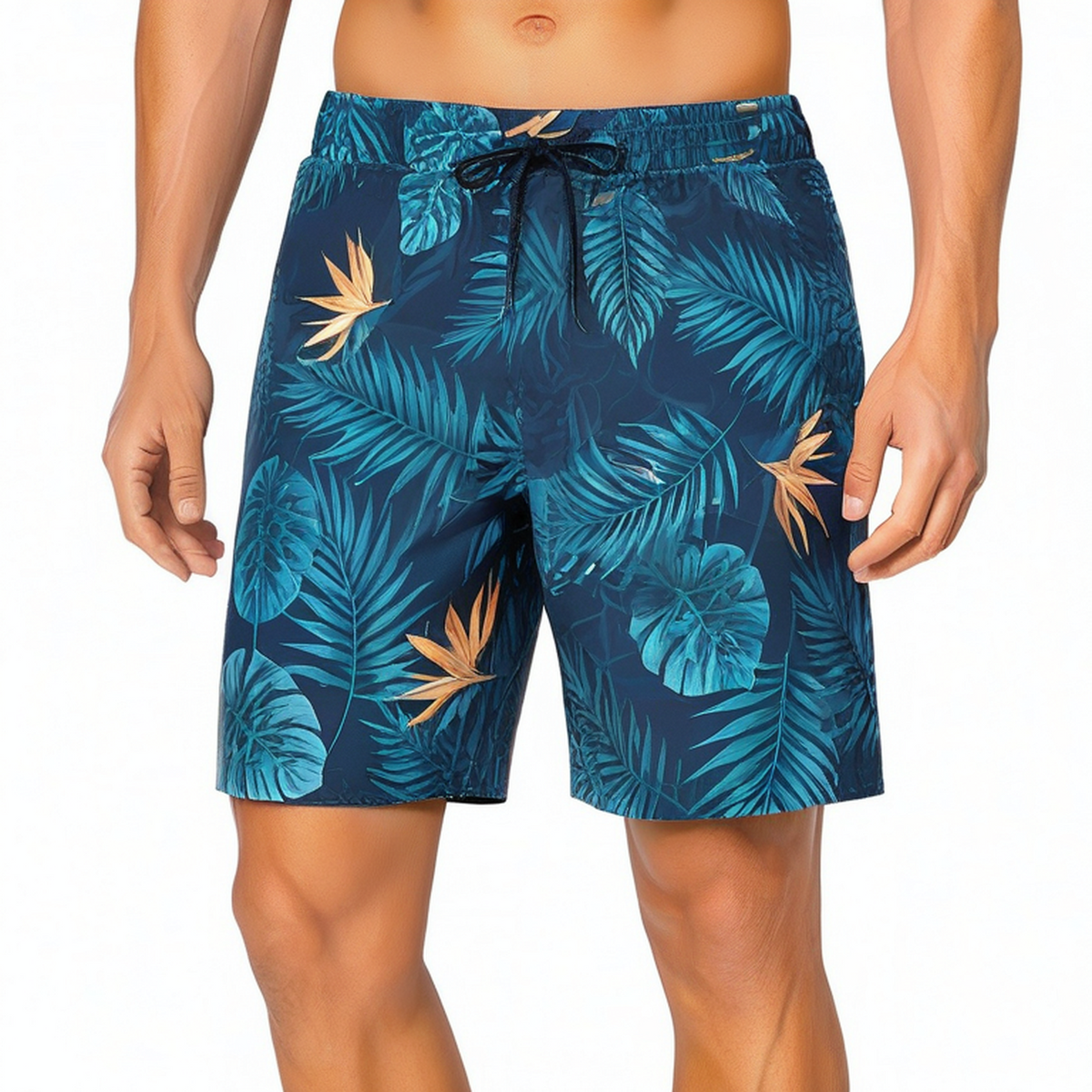 Herren Badeshorts L dunkelblau mit tropischem Blattmuster und Kordelzug