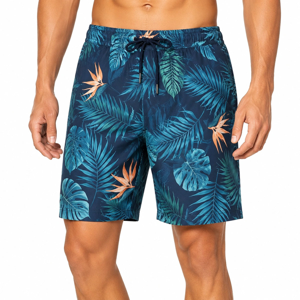 Herren Badeshorts L dunkelblau mit tropischem Blattmuster und Kordelzug