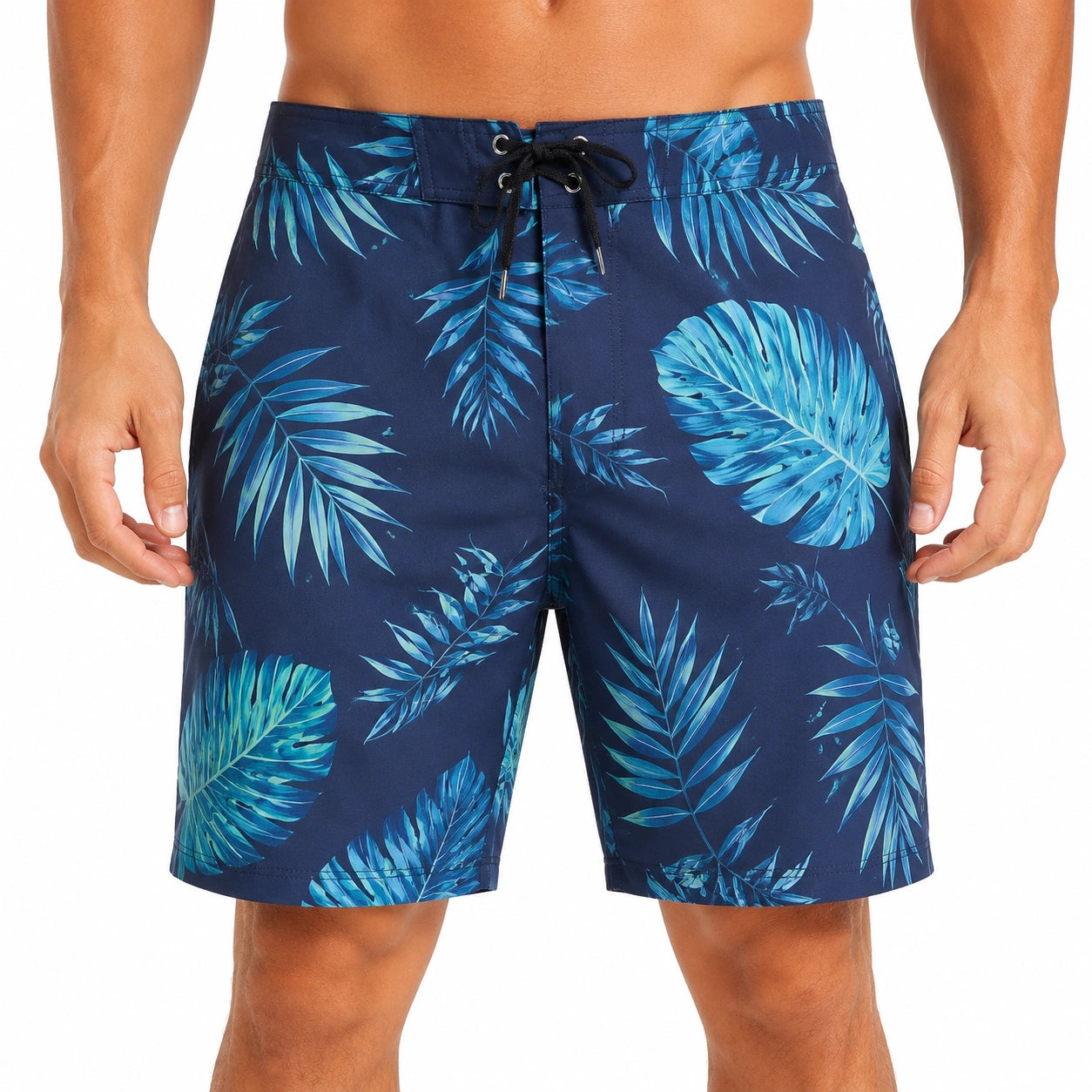 Herren Badeshorts L aus Textil in Dunkelblau mit Blätterdruck und Kordelzug