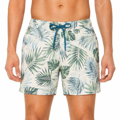 Herren Badehose XL Weiß Grün Blau mit tropischem Blätterdruck und Kordelzug