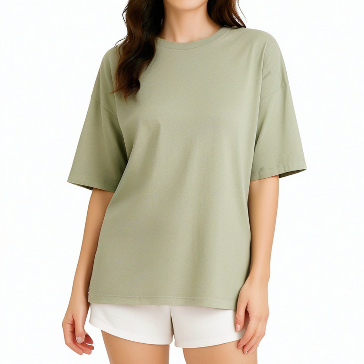 Damen T-Shirt Größe L aus Baumwolle Salbeigrün locker geschnitten