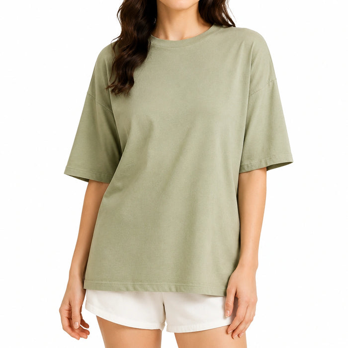 Damen T-Shirt Größe L aus Baumwolle Salbeigrün locker geschnitten