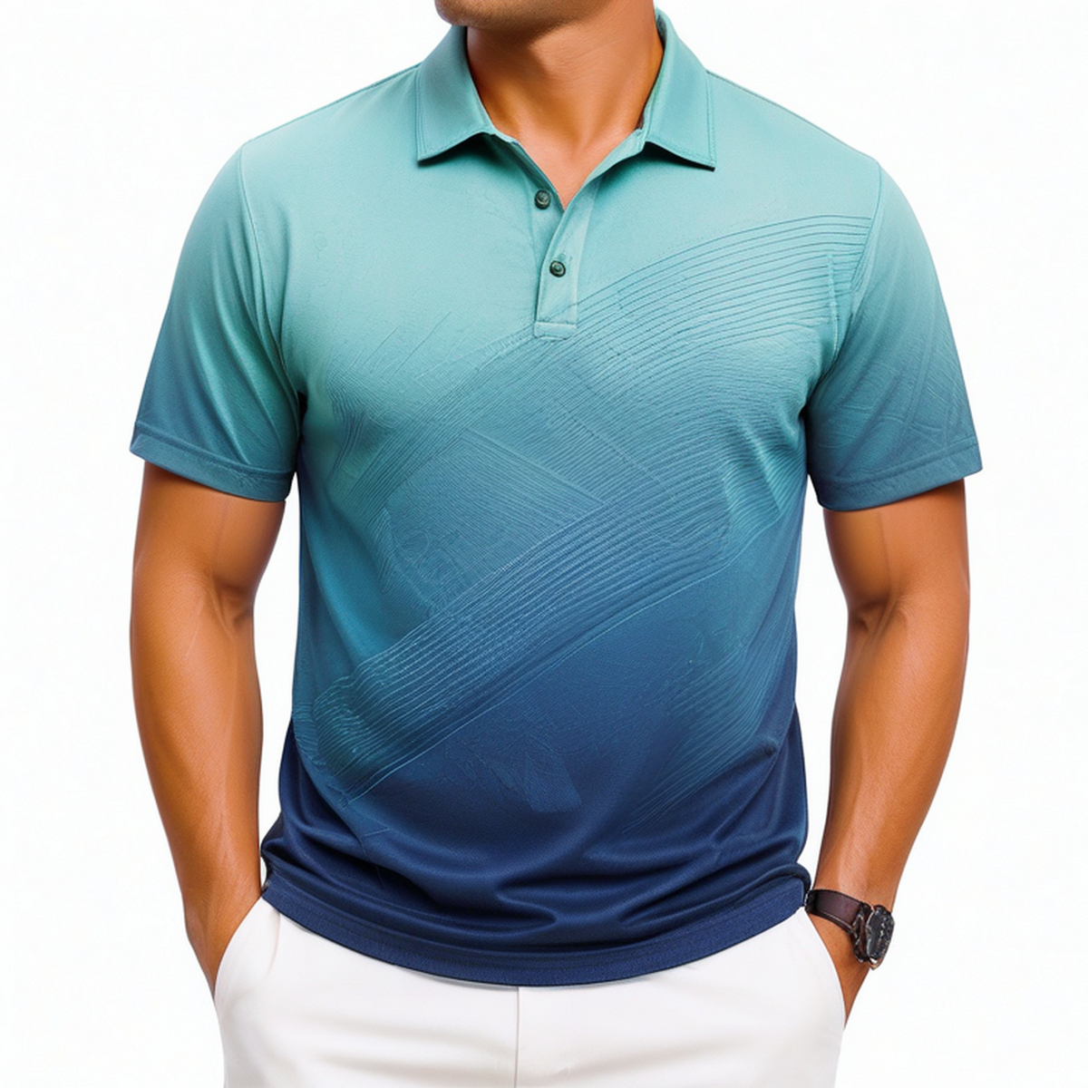 Herren Poloshirt XL aus Textilmaterial in Türkis/Navy mit Farbverlauf und Kurzarm