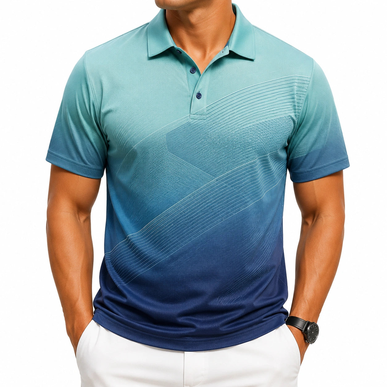 Herren Poloshirt XL aus Textilmaterial in Türkis/Navy mit Farbverlauf und Kurzarm