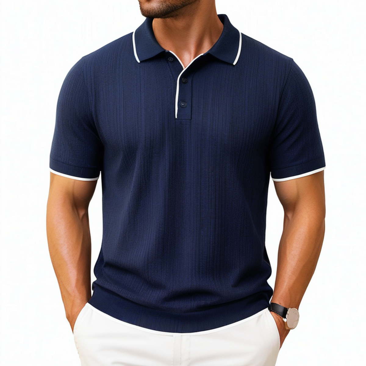 Herren Poloshirt XL aus Strick in Marineblau mit Kontrastpaspelierung