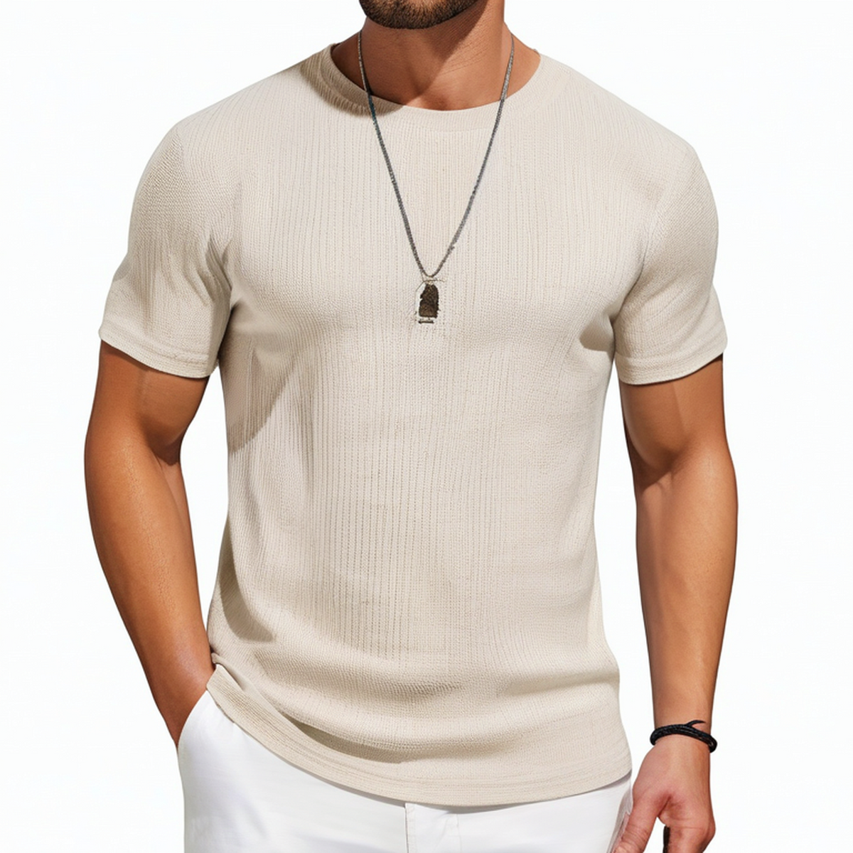 Herren T-Shirt M Beige strukturiertes Kurzarm Rundhals Shirt