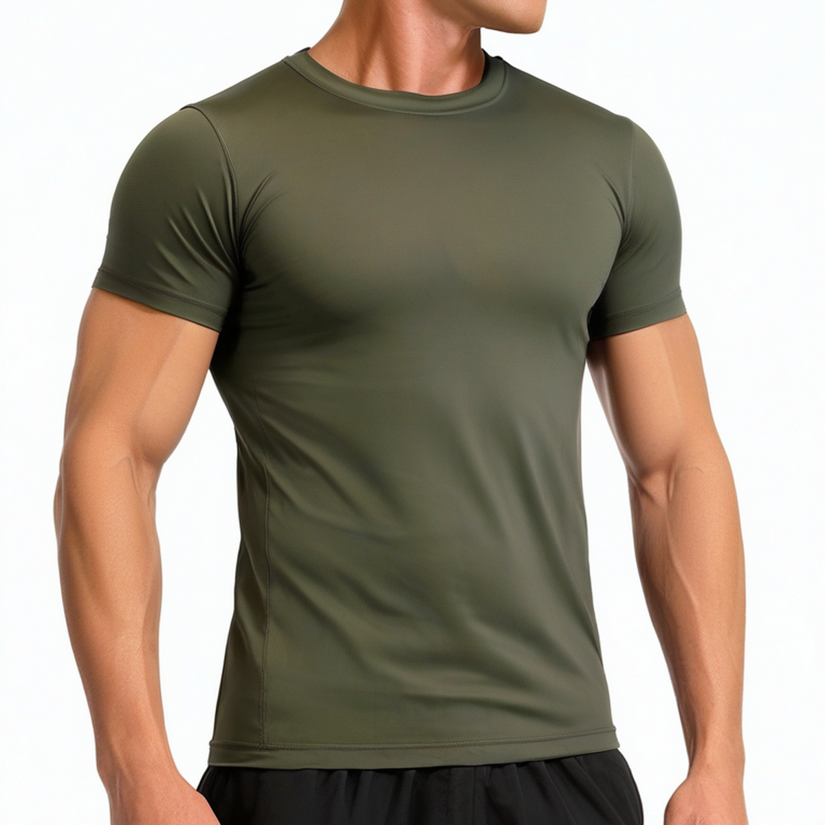 Herren Funktionsshirt L aus elastischem Synthetikmaterial Olivgrün mit Rundhals und Kurzarm