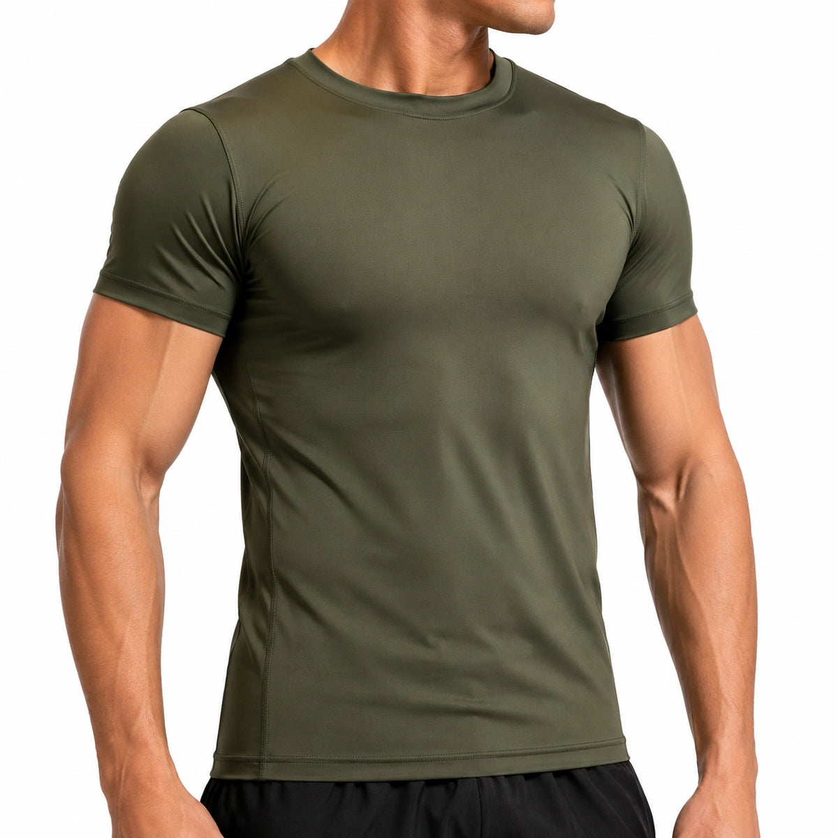 Herren Funktionsshirt L aus elastischem Synthetikmaterial Olivgrün mit Rundhals und Kurzarm
