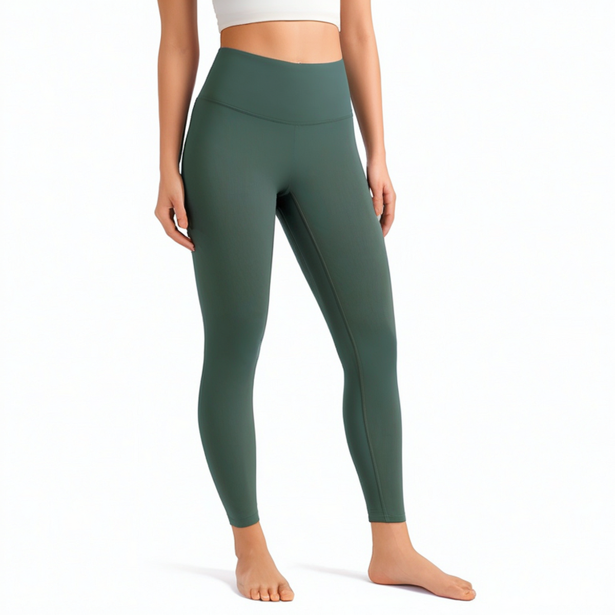 Damen Sportleggings M aus Stretchstoff Dunkelgrün mit hohem Bund für Training