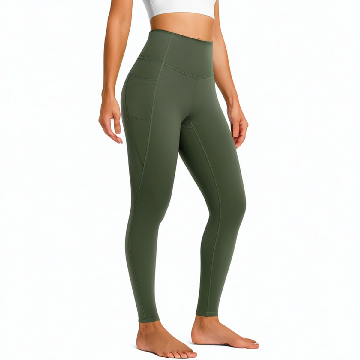 Damen Sportleggings L aus elastischem Kunstfasermaterial Olivgrün mit hohem Bund und Seitentaschen