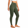 Damen Sportleggings L aus elastischem Kunstfasermaterial Olivgrün mit hohem Bund und Seitentaschen