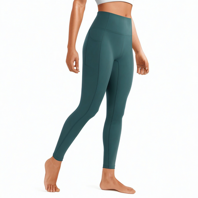 Damen Sportleggings Größe L aus elastischem Textilgewebe in Dunkelgrün mit hoher Taille und Seitentasche