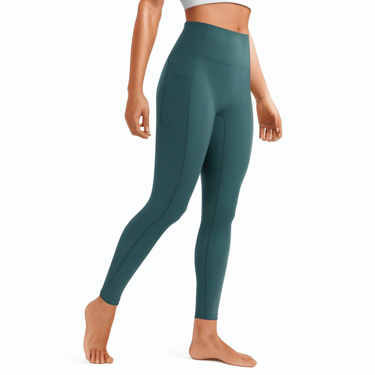 Damen Sportleggings Größe L aus elastischem Textilgewebe in Dunkelgrün mit hoher Taille und Seitentasche