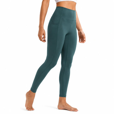 Damen Sportleggings Größe L aus elastischem Textilgewebe in Dunkelgrün mit hoher Taille und Seitentasche
